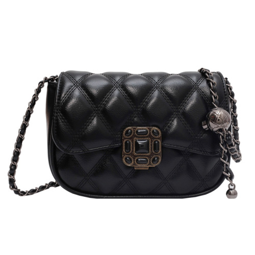 Solid-color Chanel-style embroidered thread diamond-quilted bag with a lock-and-key closure, featuring a fashionable, versatile chain strap and designed as a chic, easy-to-match shoulder bag for women.