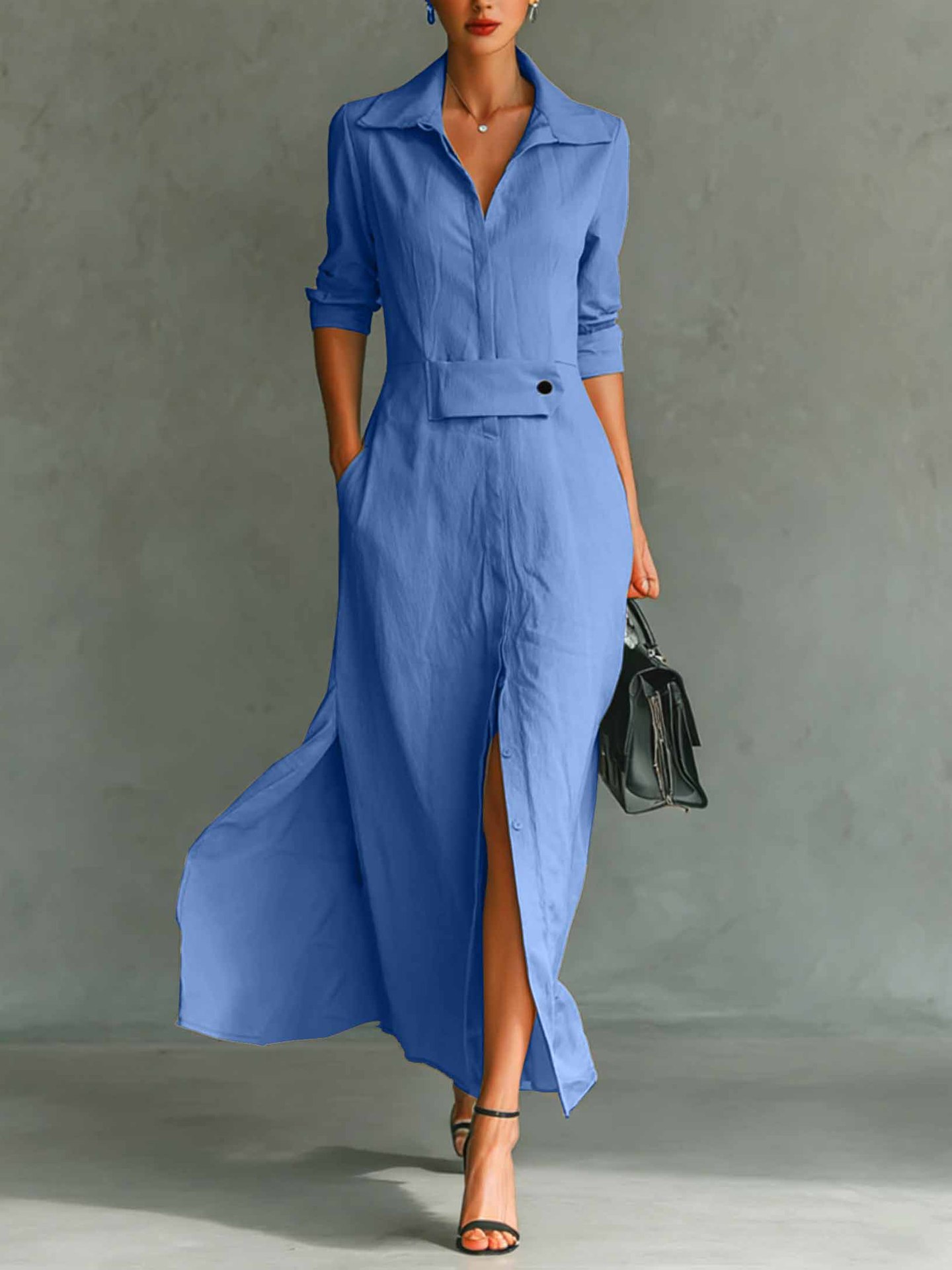 2026 European And American Cross-border Independent Station Long-sleeved Casual Elegant Slit Shirt Dress_ecoleips.com