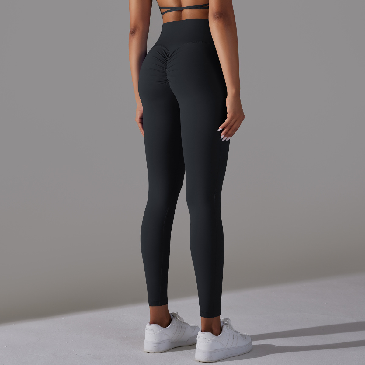Abbigliamento da donna Pantaloni da yoga con tasca sui fianchi incrociati in nylon double face a vita alta, pantaloni da fitness da corsa sportivi_voghion.com