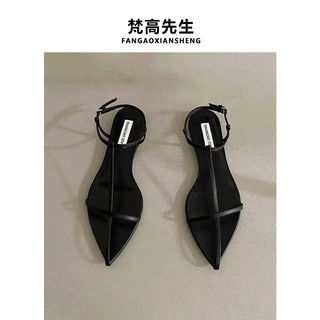 羊皮版~尖头简约平底凉鞋女十字带露趾性感沙滩小众设计感凉鞋潮