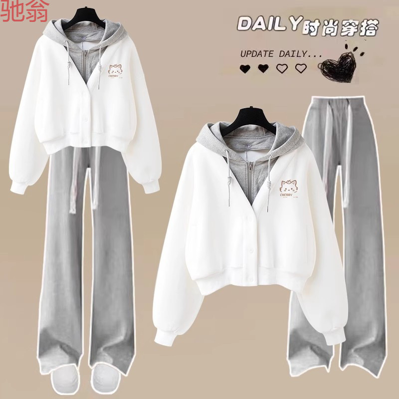 C3M College Style suit Female Junior High School Students Fall/Winter suit 2024 New Fake Two-piece Hooded Sweatshirt Sportswear Two