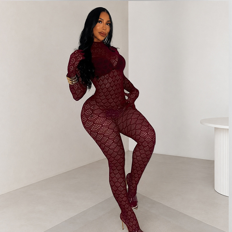 Cross-border European and American sexy hollow-out pantyhose for women, autumn and winter party sheer high-neck long-sleeve tight-fitting jumpsuit Cross-border European and American sexy hollow-out pantyhose for women, autumn and winter party sheer high-neck long-sleeve tight-fitting jumpsuit