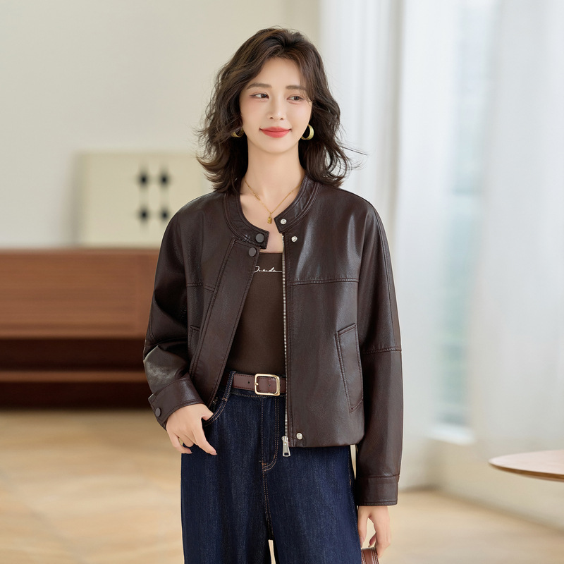 海宁真皮绵羊皮外套女2026春秋新款高级感立领宽松休闲短款皮夹克