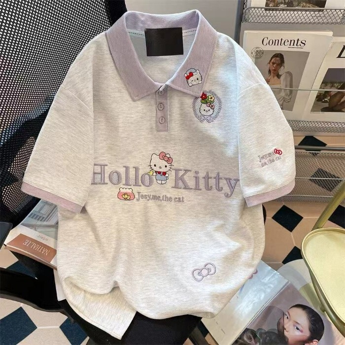 【纯棉原版做法】刺绣kitty猫撞色拼接上衣女夏季可爱polo衫短袖t|undefined
