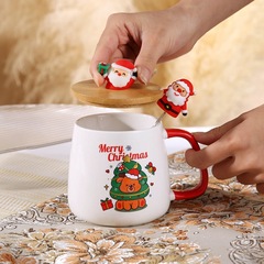 Cross-border cute Christmas gift mug with lid and spoon, high-quality Christmas Santa reindeer ceramic cup, souvenir gift