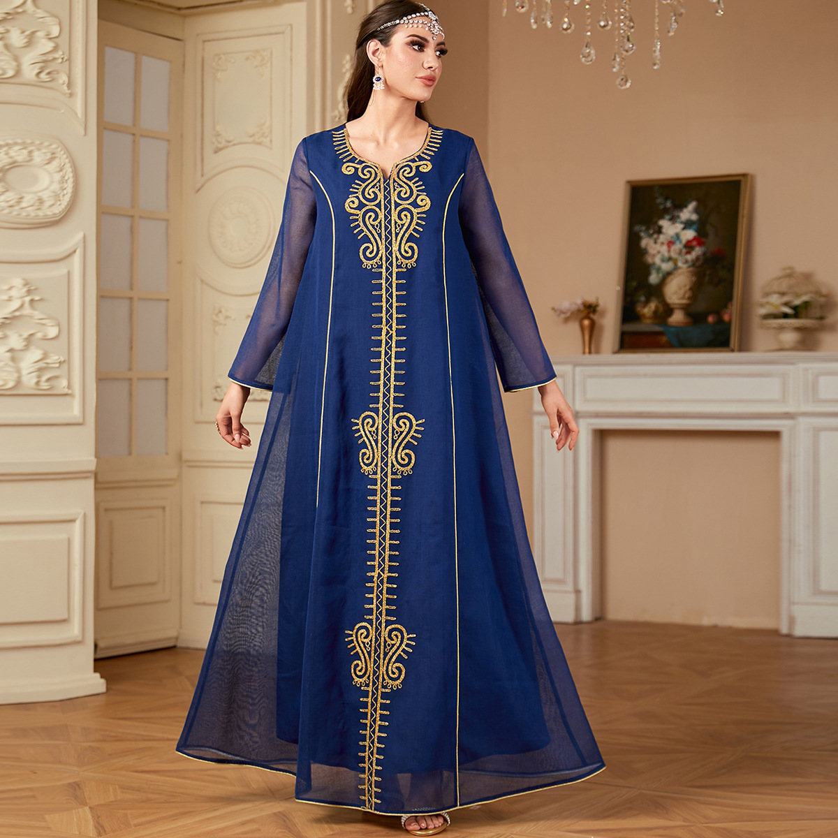 4105中東跨境寬松氣質V領女裝長裙刺繡拼接穆斯林滌綸連衣裙