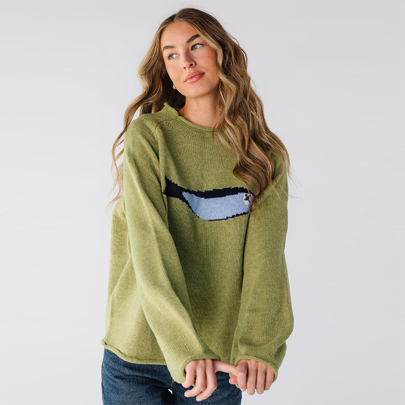 2025 New Versatile Slim-Fit European and American Style Loose Carp Print Round Neck Pullover Sweater for Women Autumn Casual Top