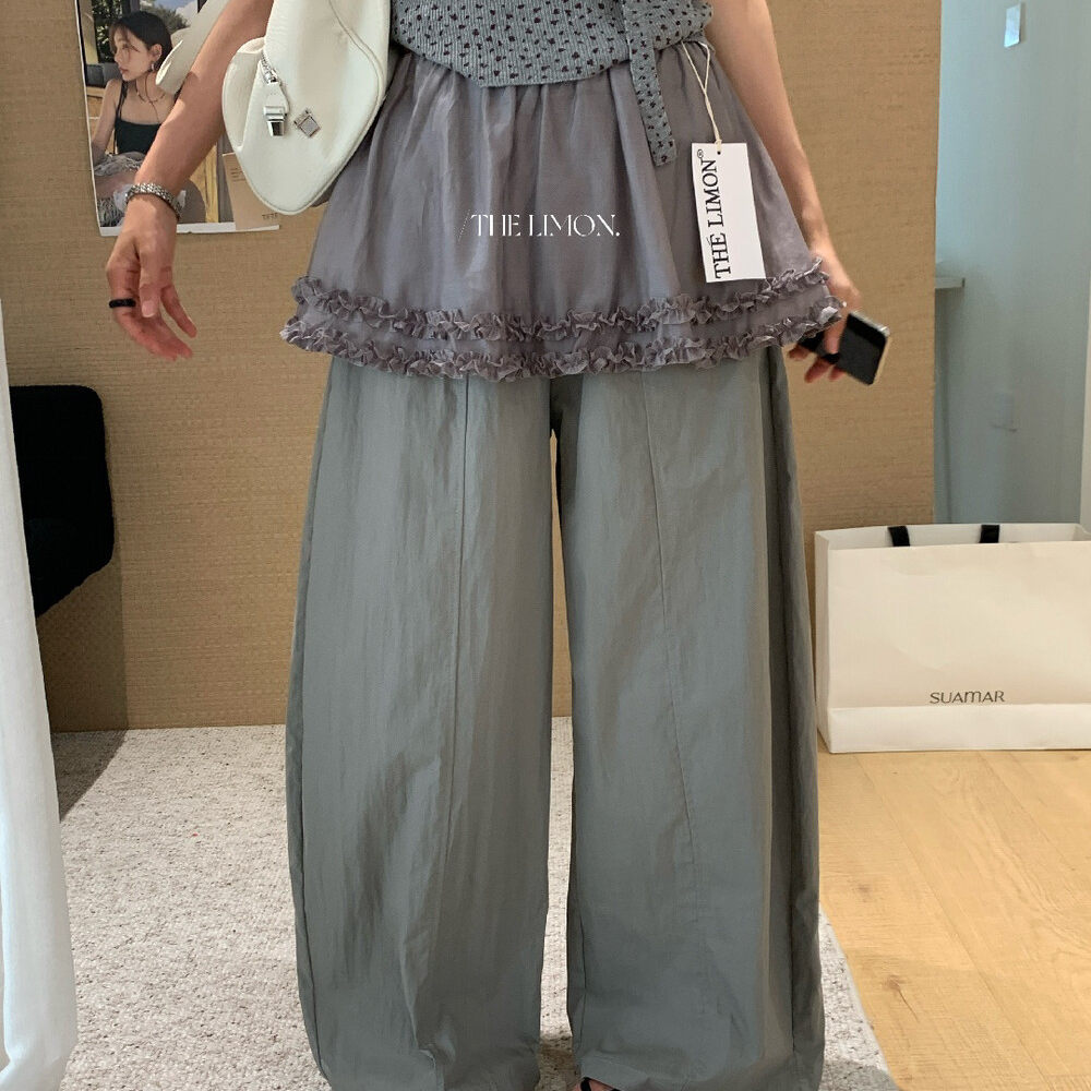 Quần culottes nữ ống rộng cạp cao phong cách Hàn Quốc, thiết kế giả hai lớp viền bèo nhún — màu trắng, màu xám, màu kaki
