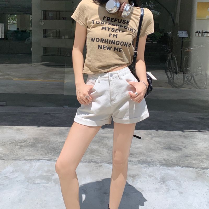 White Rolled-Up Denim Shorts for Women, New Summer and Autumn Thin Loose Wide-Leg Straight Cuffed Shorts