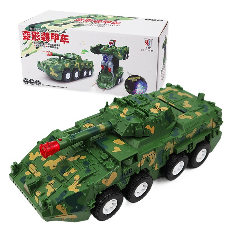 Tiktok popular Universal giratoria deformación eléctrica tanque coche fresco luz sonido camuflaje militar transformación automática
