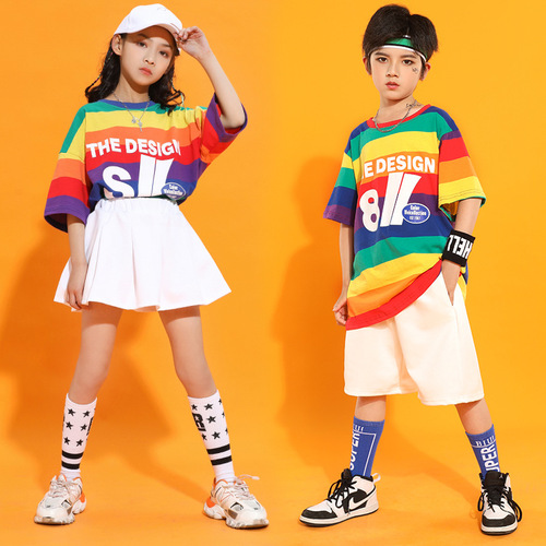 Girls boys rapper rainbow hiphop jazz street dance costumes for children cheerleading dance uniforms for children loose boy hip-hop dance sport suit