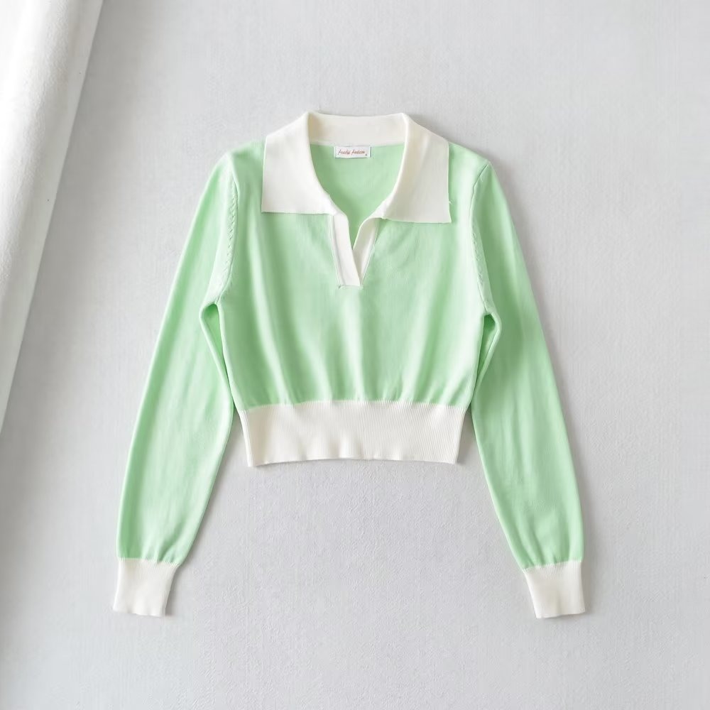 Lapel Slim Color Contrast Long Sleeve Elastic Hem crop sweater NSXDX139165