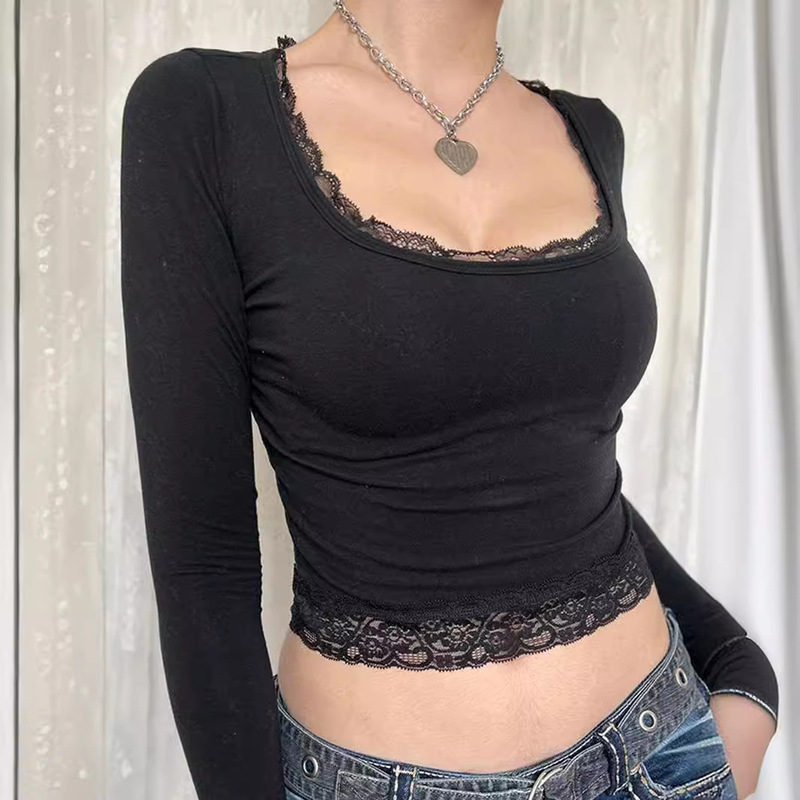 Spring and Autumn Top Hot Girl Style Sexy U-Neck Lace Bow Stitching Slim-Fit Slimming Long-Sleeved T-Shirt Y2K Base Shirt