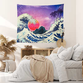 跨境专供欧美 海浪日出图案印花挂毯 装饰背景布
