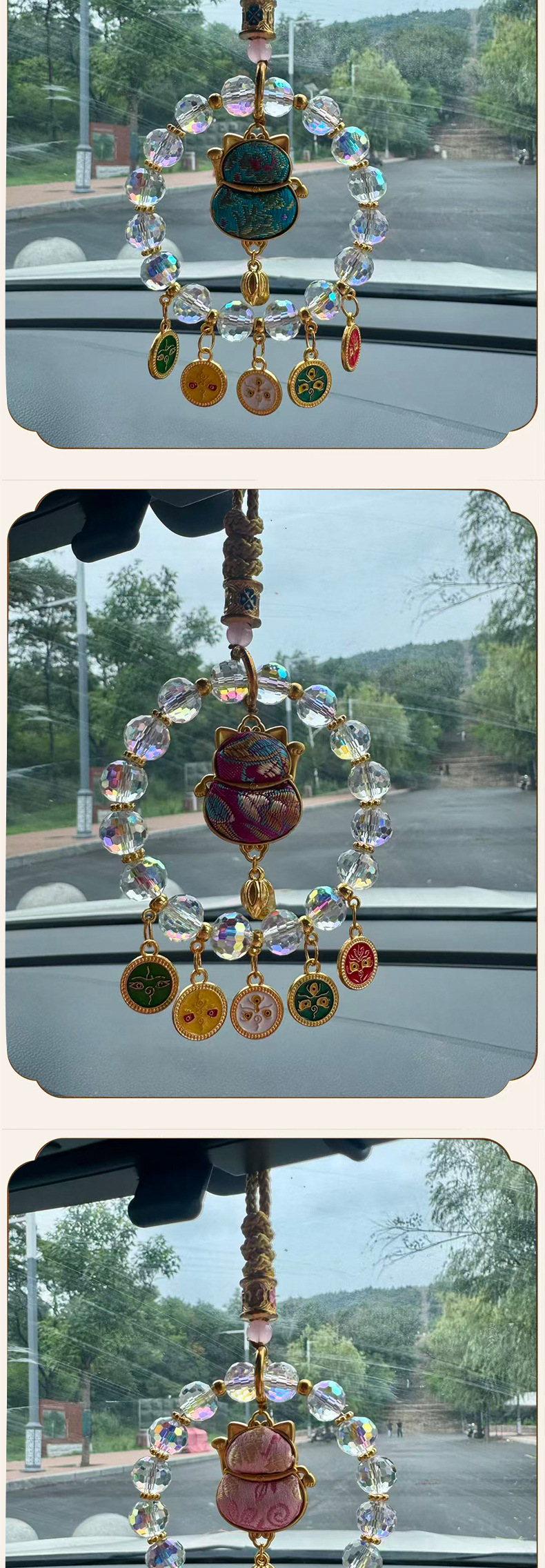 Lingyin's new lucky bag with Song brocade, Five Road God of Wealth car pendant, colorful crystal peace lock bag pendant, and Chinese style accessories