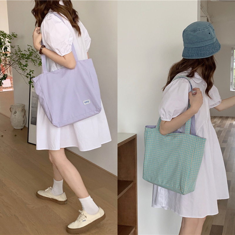 12254 Japanese and Korean Spliced Double-Sided Bag Simple Plaid Shoulder Bag Student Female Casual Dual-Use Canvas Bag Wholesale