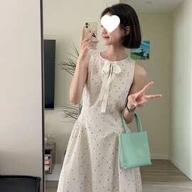 韩系设计感米色波点提花无袖连衣裙女复古感小众温柔甜美长裙