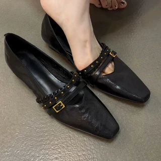 羊皮版~文艺复古舒适玛丽珍鞋女时髦铆钉小皮鞋通勤气质粗跟单鞋