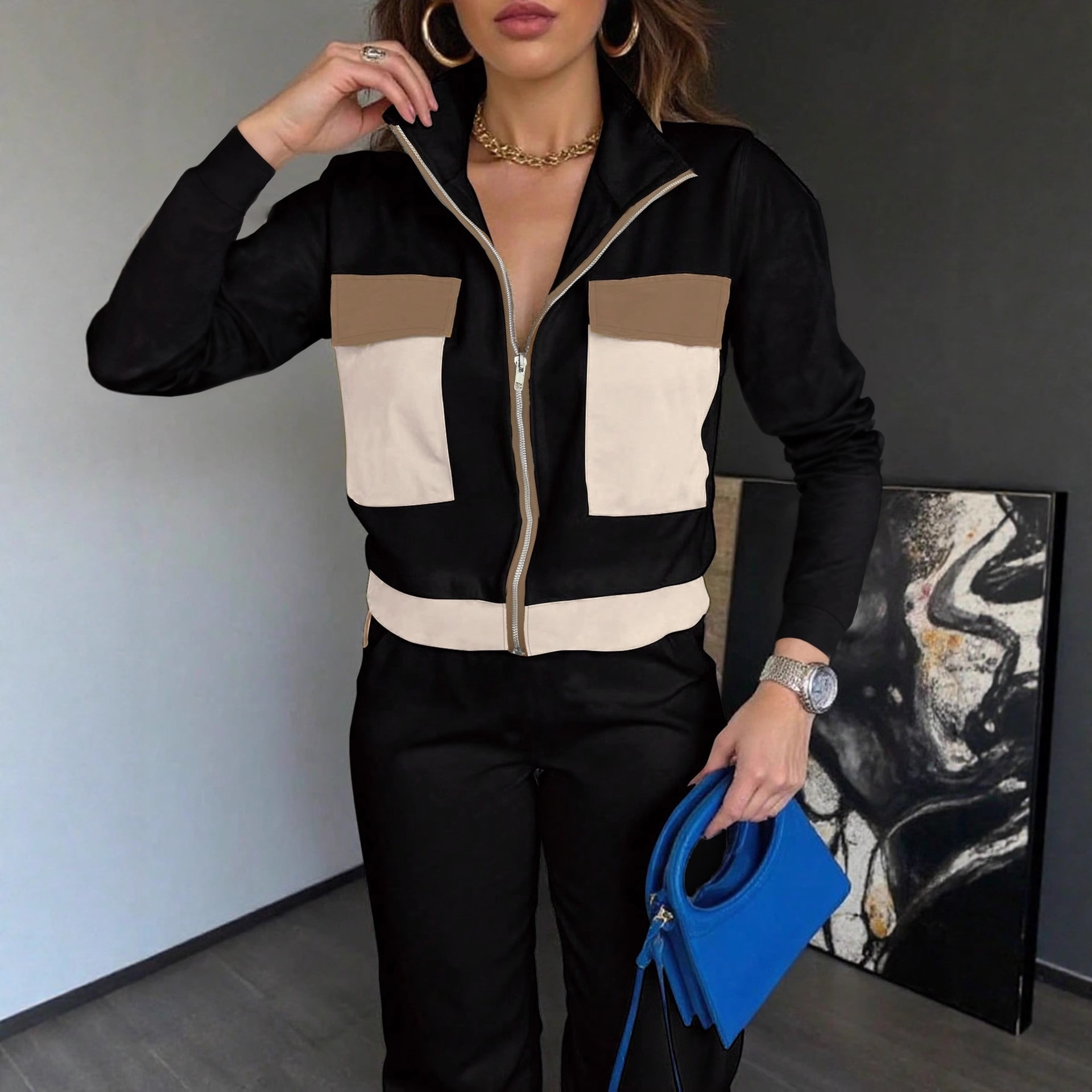 Women's Color Block Two Piece Set Long Sleeved Top Elastic Waist Straight Leg Trousers_ecoleips.com