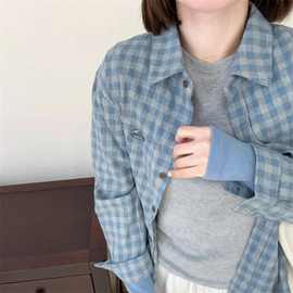 蓝灰色格子磨毛刺绣字母衬衫早春夏季防晒休闲百搭上衣女衬衣外套
