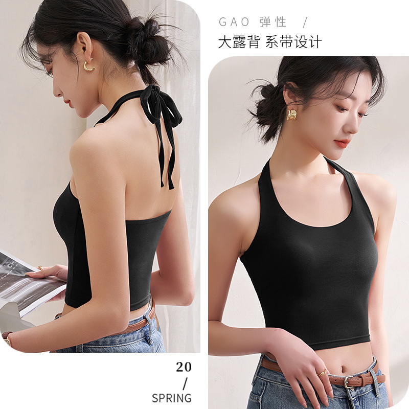 Halter camisola de verano corto desgaste exterior con almohadilla en el pecho retro estilo Hong Kong belleza espalda ropa interior rojo bottoming top