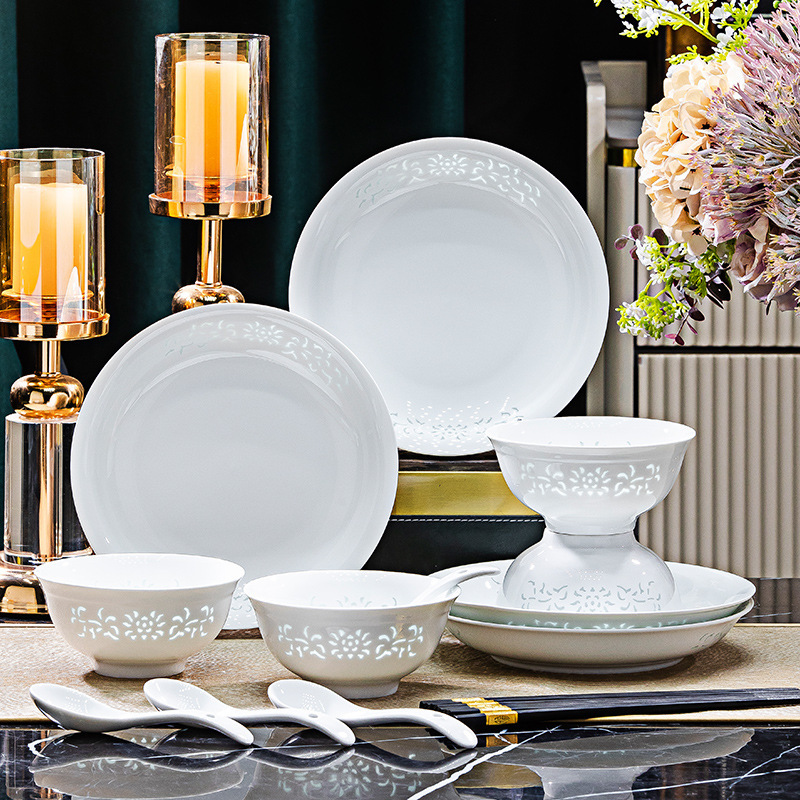 Jingdezhen White Porcelain Exquisite Underglaze Color Ceramic Tableware Set for Home Use, Including Rice Bowls, Plates, Soup Bowls, Bowl and Plate Sets, and Chopsticks Jingdezhen White Porcelain Exquisite Underglaze Color Ceramic Tableware Set for Home Use, Including Rice Bowls, Plates, Soup Bowls, Bowl and Plate Sets, and Chopsticks