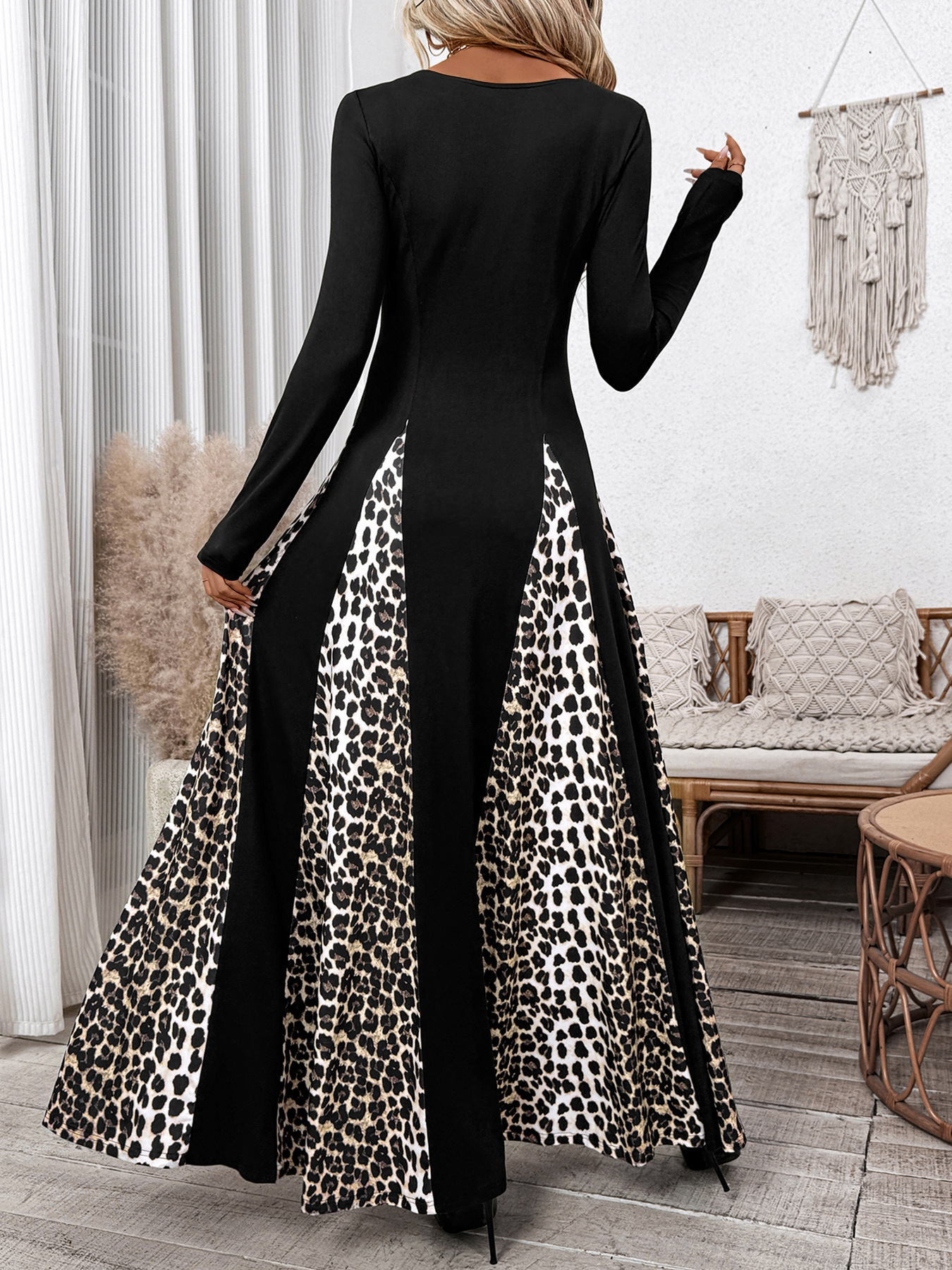Leopard Splicing Dress Retro High Waist Long Sleeves Wide Leg A line Dress