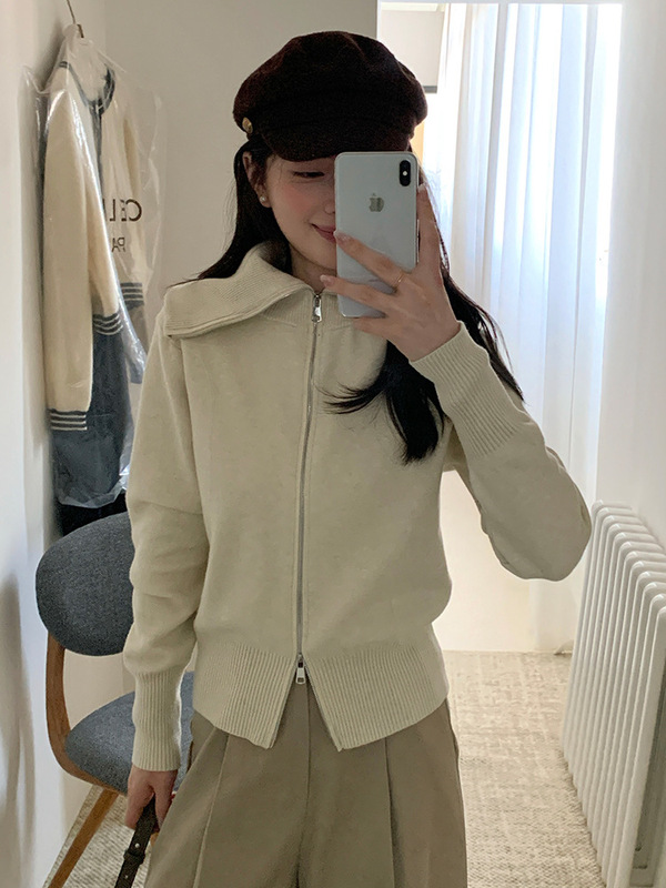 富欣娜设计感双拉链毛衣外套秋冬季学院风翻领针织开衫韩系上衣女|undefined