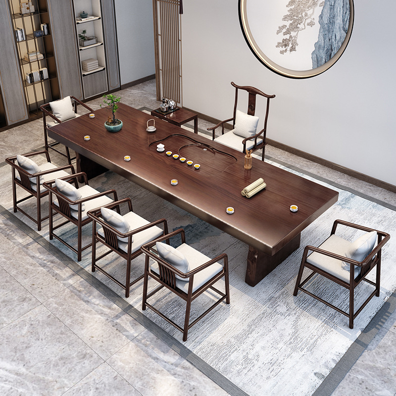 New Chinese-style Office 3 M 8 Tea Table and Chair Combination Set Simple Modern Solid Wood Large Board Zen Living Room Tea Table