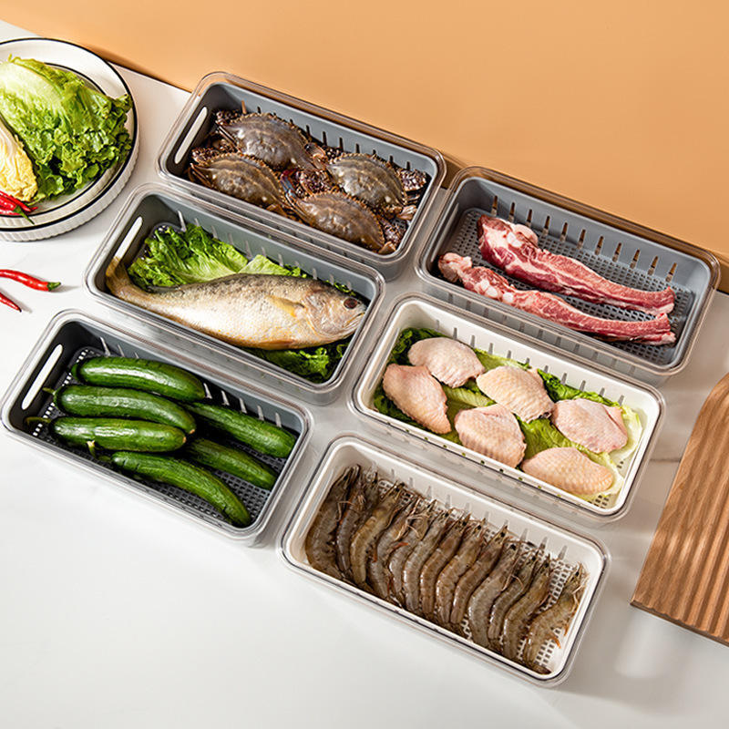 家庭用冷蔵庫冷凍魚肉水切り保存ケース厨房分類収納ケース長方形透明蓋付き密封ケース|undefined