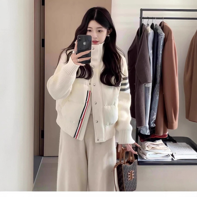 拼接羽绒棉服女小个子穿搭针织短款TB冬季休闲外套女立领棉衣加厚|undefined