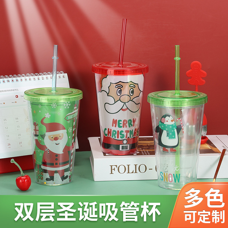 家合杯业圣诞老人企鹅节日红色许愿水杯创意卡通双层塑料吸管杯