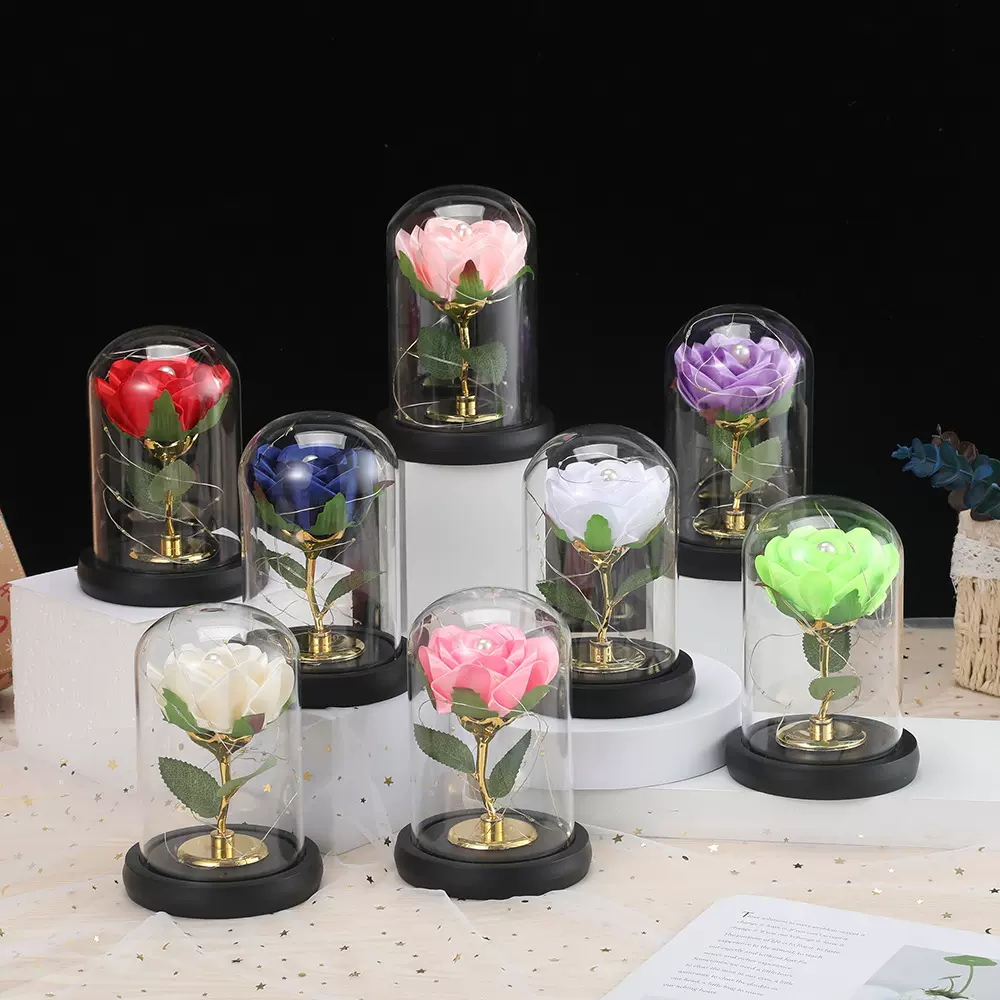 520情人节礼物送女朋友浪漫玫瑰仿真花玻璃罩小夜灯摆件生日礼物