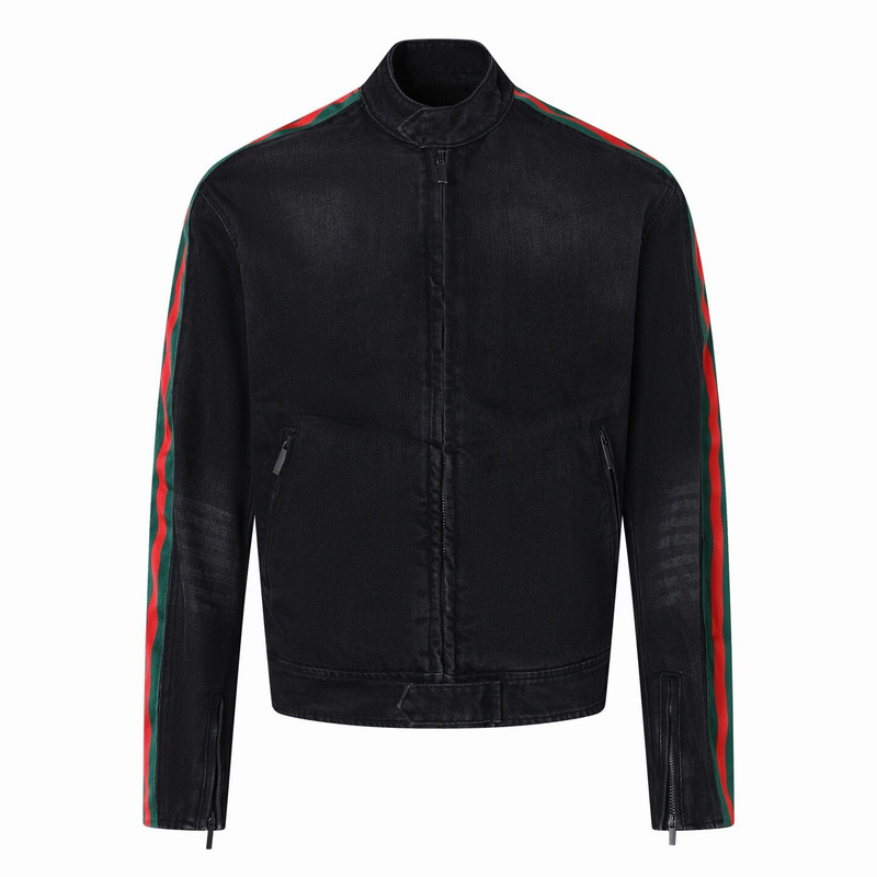 Men's black denim jacket with red and green stripes, stand-up collar, zipper closure, spring and autumn fashion casual top Men's black denim jacket with red and green stripes, stand-up collar, zipper closure, spring and autumn fashion casual top