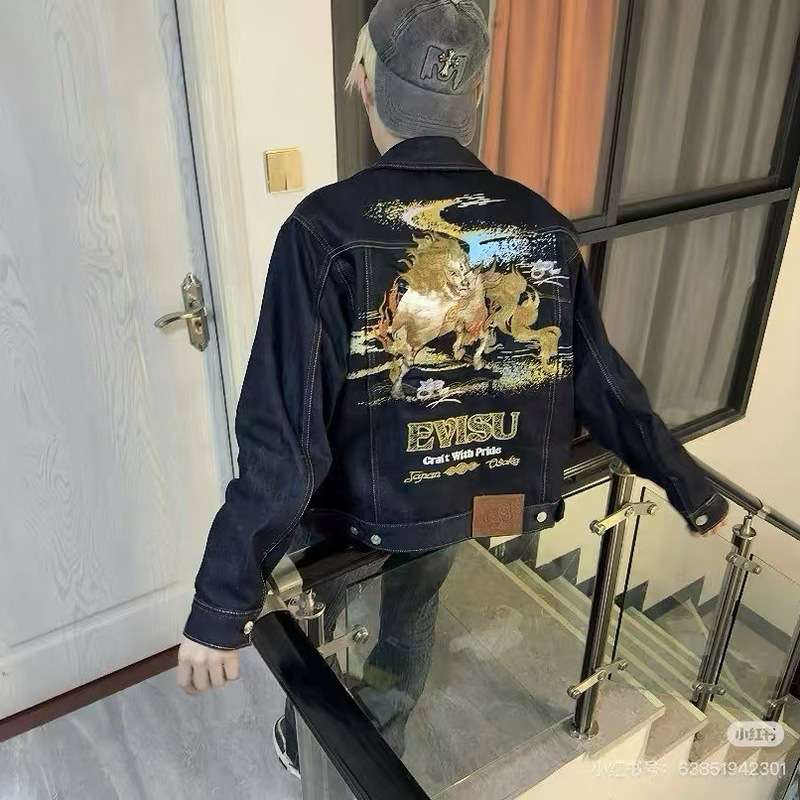 外贸齐标EV25年春秋牛仔外套男女款福神M刺绣潮牌百搭牛仔上衣代F|undefined