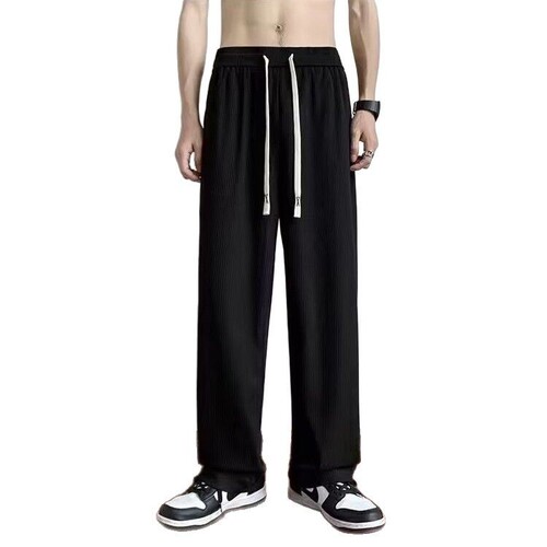 Men's Summer Thin American Casual Long Pants Trendy Loose Straight Leg Wide Leg Pants in Chiaroscuro Brown Ice Silk
