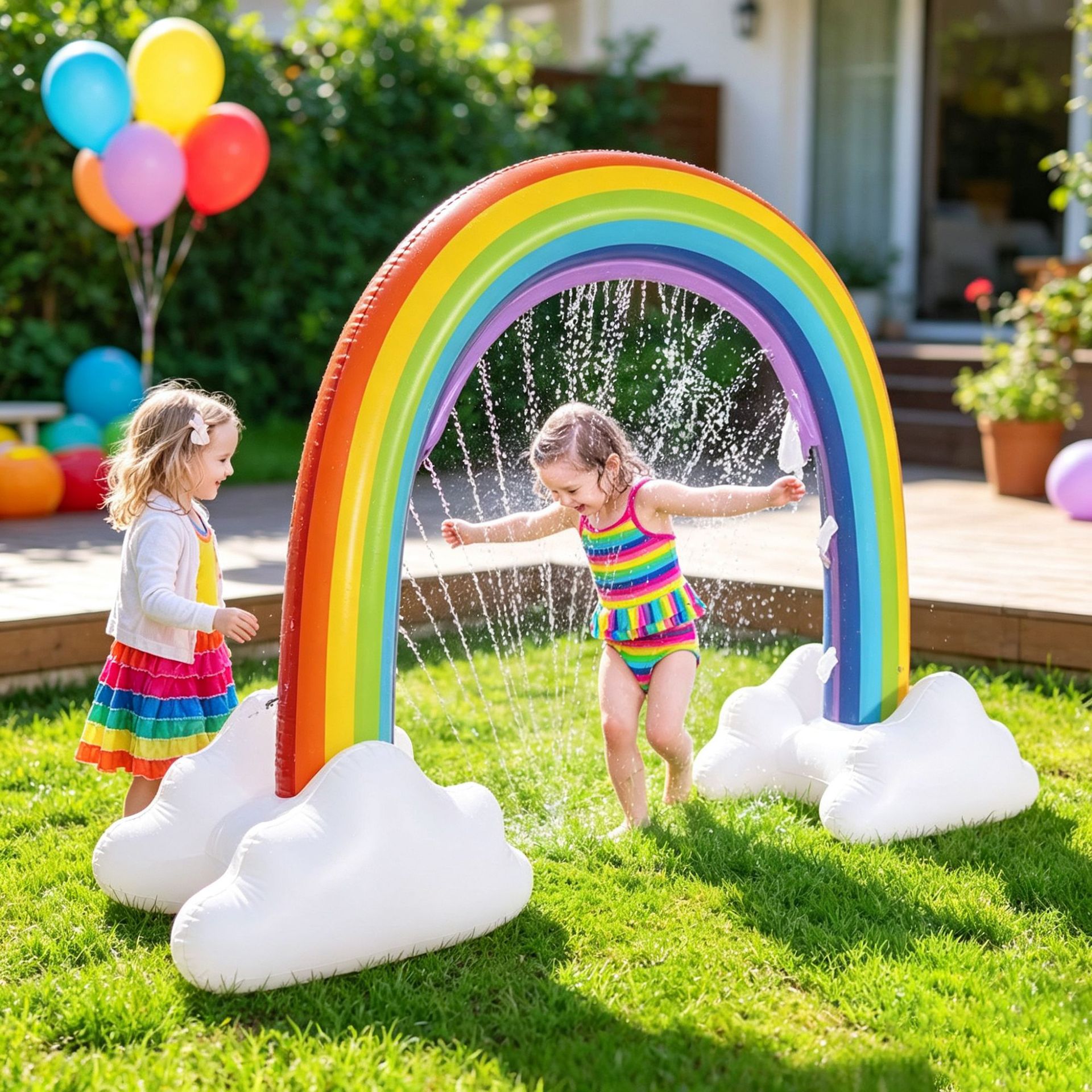 Arco de agua inflable con forma de arcoíris para niños, arco de agua con forma de tiburón para jugar al aire libre en el jardín.