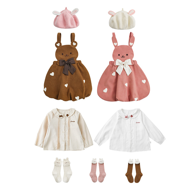 Wulibuyi niñas traje de otoño dibujos animados suspender falda arco decoración del bebé lindo calcetines camisa los niños