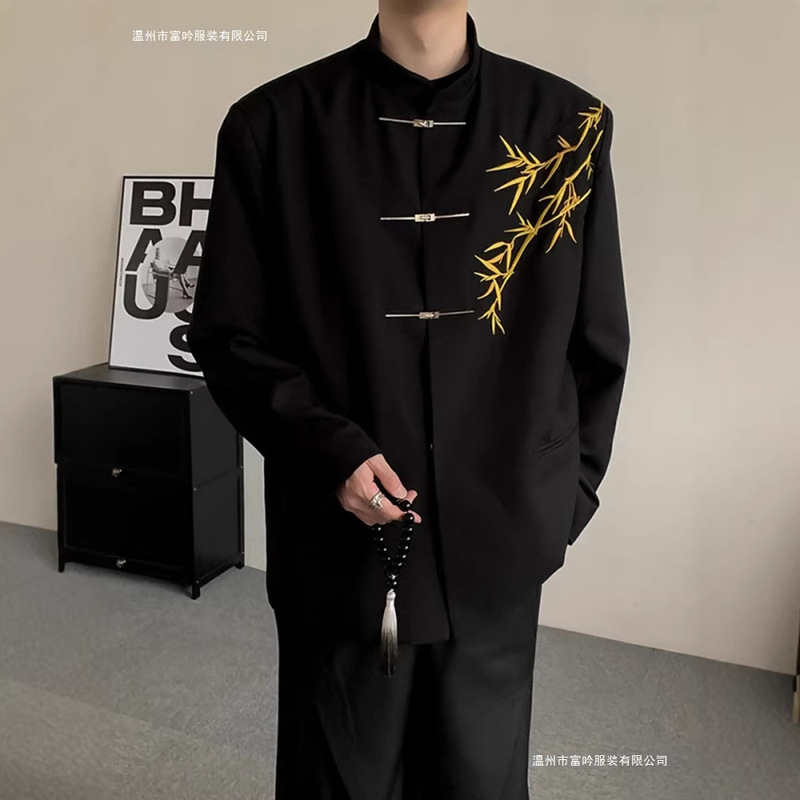New Chinese Style Men's Engagement Suit, National Style Stand-Up Collar, Gold Bamboo Embroidered Boy's Adult Dress Suit