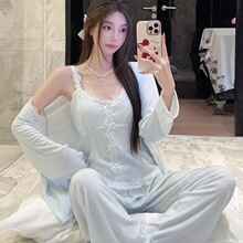 新款提花针织莫代尔睡衣女春夏蕾丝花边家居服套装带胸垫吊带三件