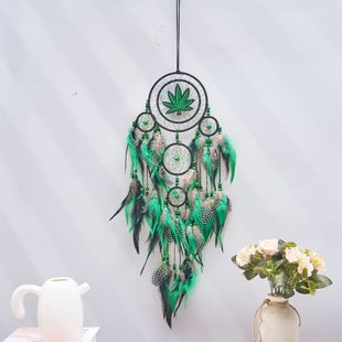 Cross-border Hot-selling Green Maple Leaf Six-ring Dream Catcher Handmade Feather Wind Chimes Wall Decoration Pendant Cross-border