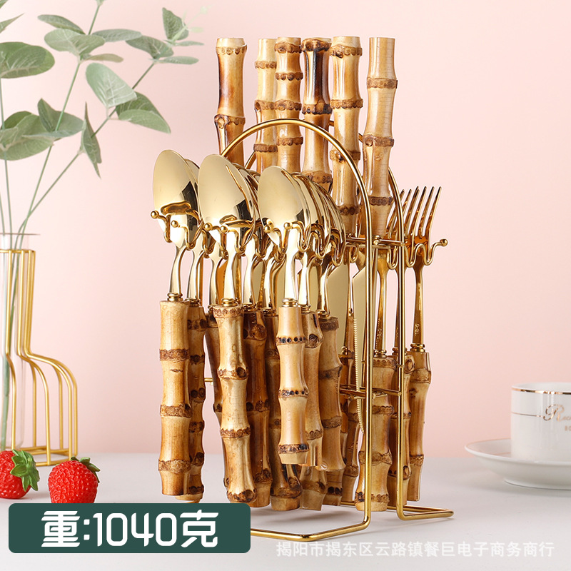 Cruzar la frontera Amazon chapado en oro cuchillo, tenedor y cuchara 24 piezas hogar fiesta banquete vajilla de acero inoxidable regalo traje de madera de bambú