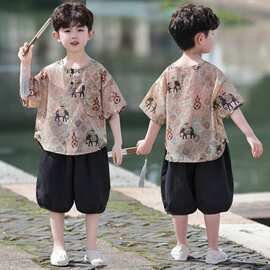 男童夏季大象汉服套装新中式儿童国风短袖唐装表演服六一演出衣服