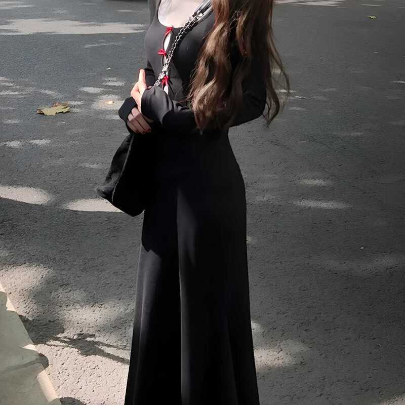 赫本风黑色连衣裙子女春秋季2025新款高级感法式气质长裙|undefined