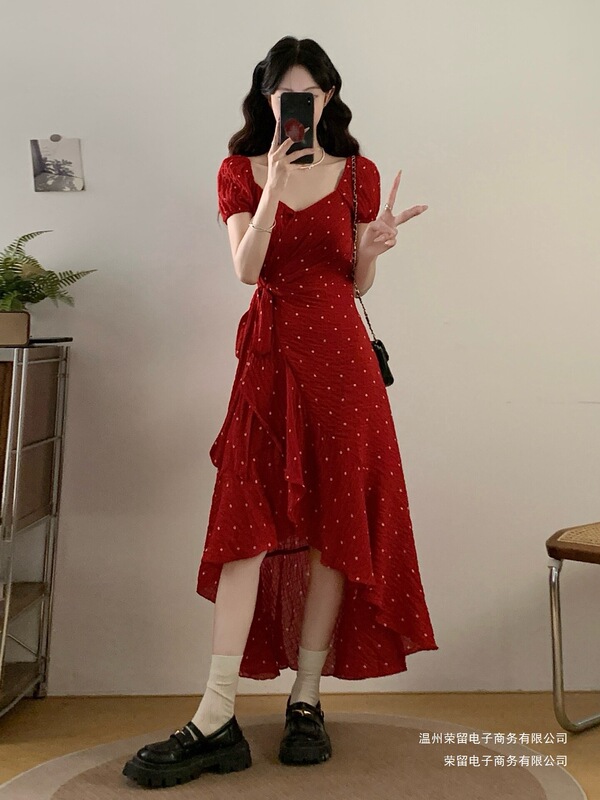 Red Irregular V-Neck Dress for Women, New Summer Style, Plus Size, Flattering for Curvy Figures, Unique and Beautiful Long Dress