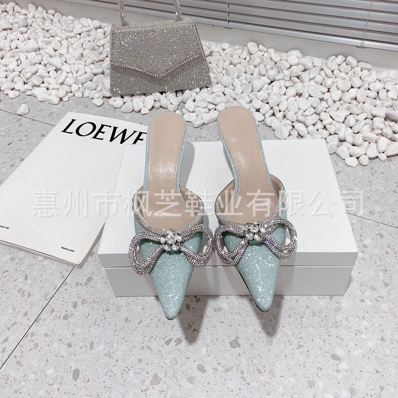 New Style Summer Pointed Stiletto Heel Half Slippers High Heel Slippers European and American Style Bow Toe High Heel Slippers All-Match Outer Wear