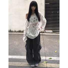 纯棉竹节棉美式星星字母长袖T恤男女简约宽松休闲防晒松弛感打底