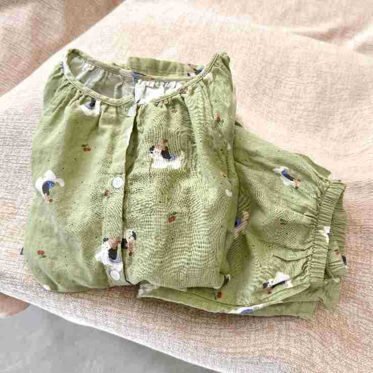 A类全棉双层纱圆领套头长袖长裤睡衣家居服纯棉纱布卡通亲肤透气