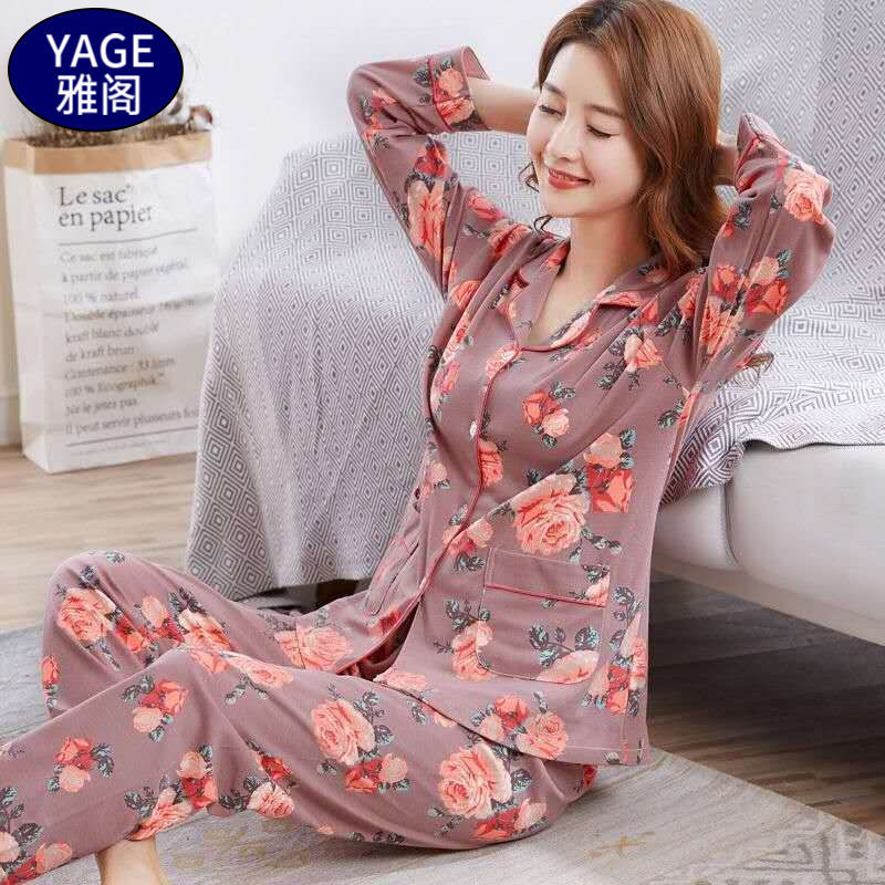 Pijamas de algodón puro Primavera y otoño de las mujeres de manga larga más tamaño cardigan traje de mediana edad y ancianos madre pijamas Otoño e Invierno