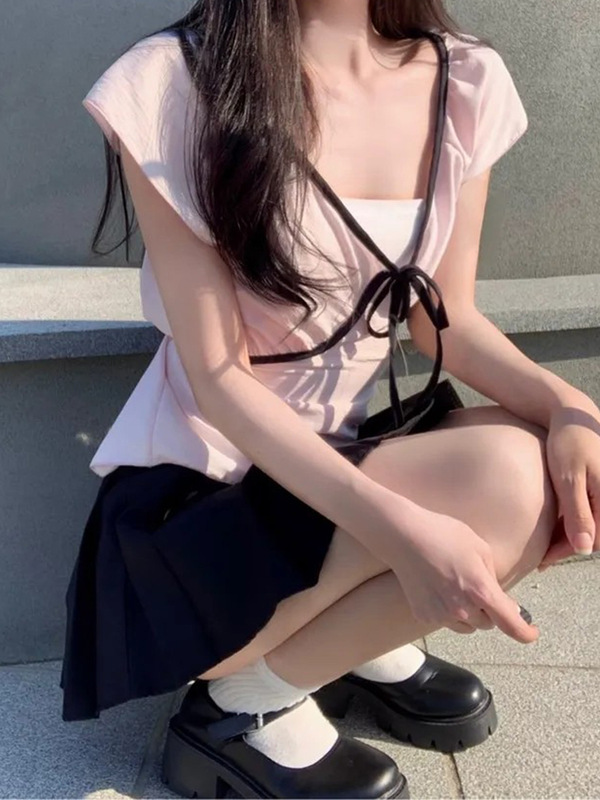 甜美撞色设计感减龄可爱蝴蝶结针织T恤短袖紧身V领显瘦T恤上衣女|undefined